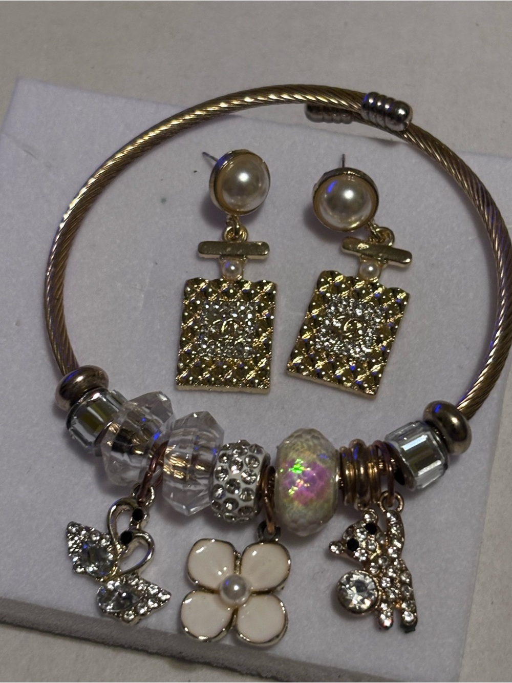 Gold Pearl Drop Earrings and Gold Charm Bracelet Set